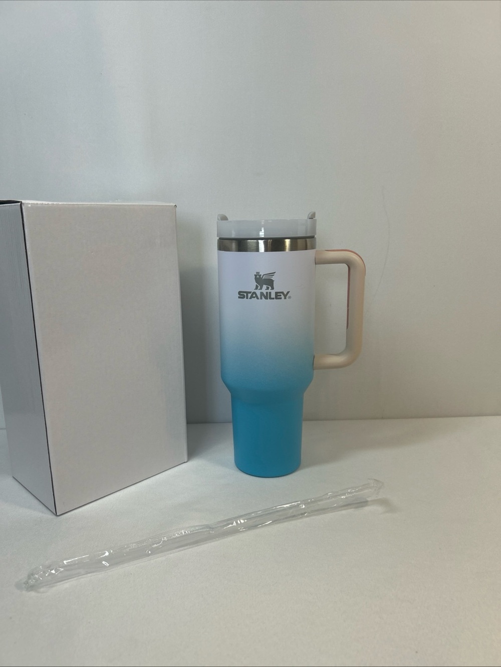 Stanley Blue to White Ombre Travel Tumbler with Pink Handle